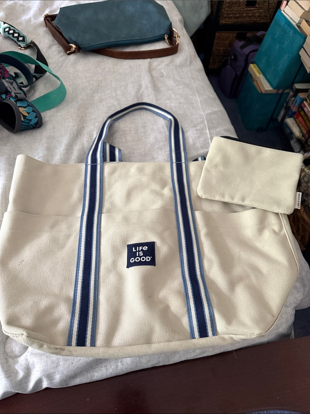 Life Is Good Cream Canvas Tote with Blue Stripe Handles and Pouch